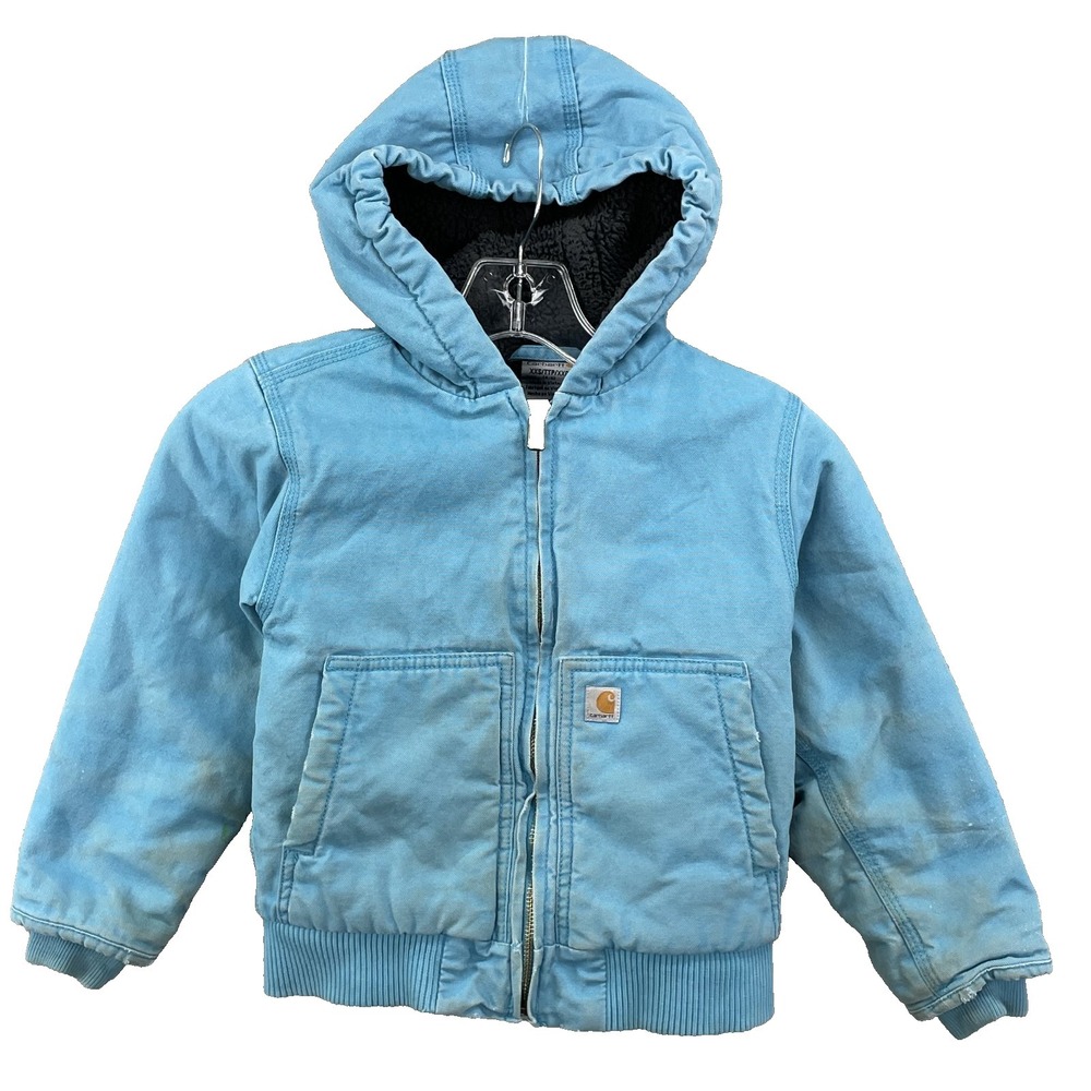 Carhartt Hooded Canvas Jacket Youth XXS Blue Sherpa Lined Winter Insulated Hike